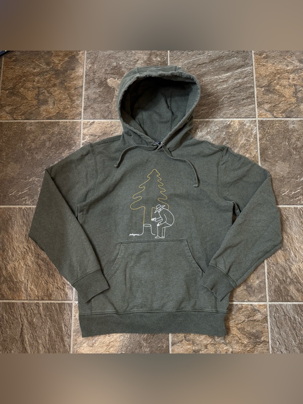 Mens Patagonia Hoodie Jacket Tree Hugger Graphics Olive Green Cotton Small Hike